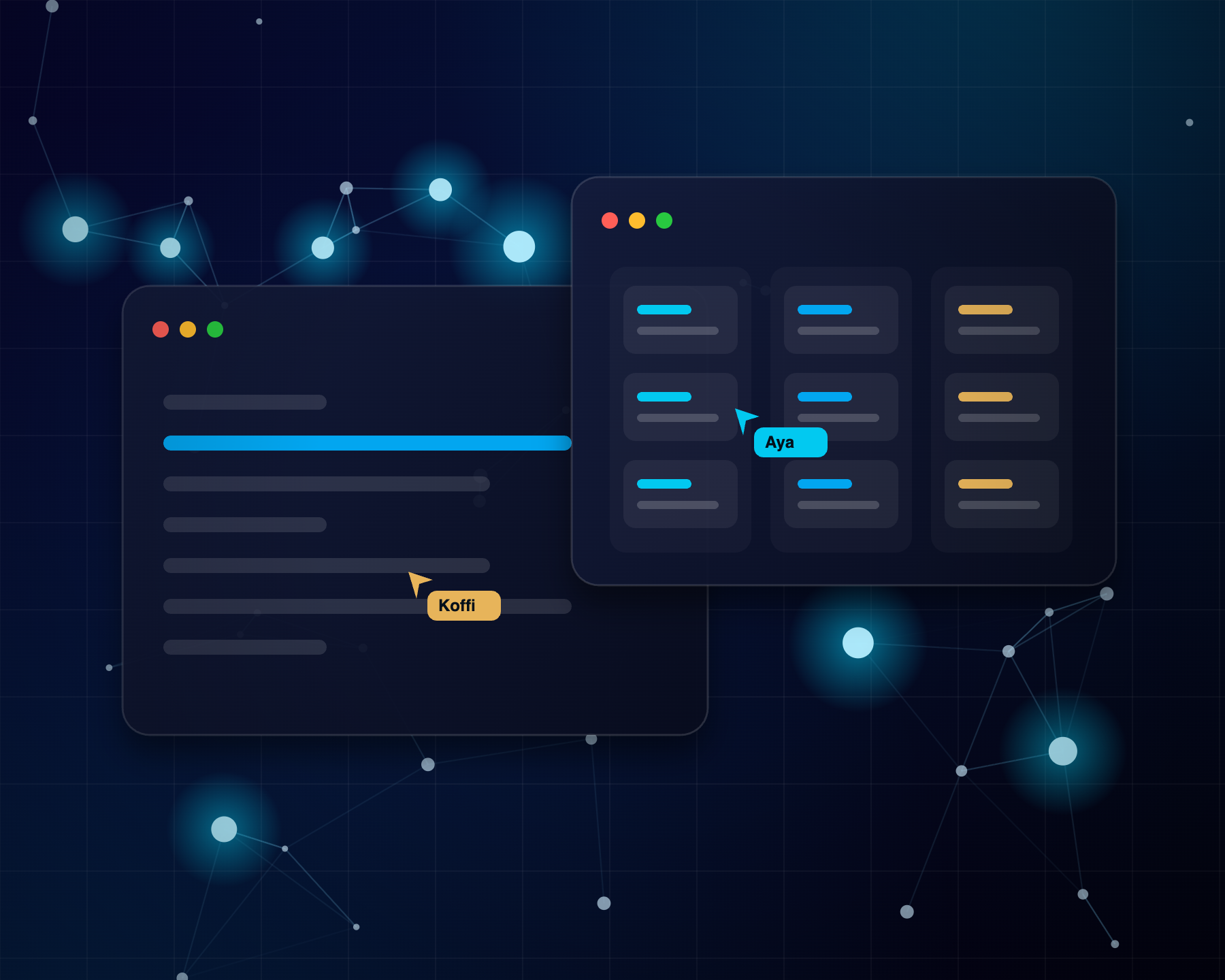Interfaces logicielles SIRIUS Technologies en collaboration, avec curseurs d'équipe, sur fond de réseau neuronal