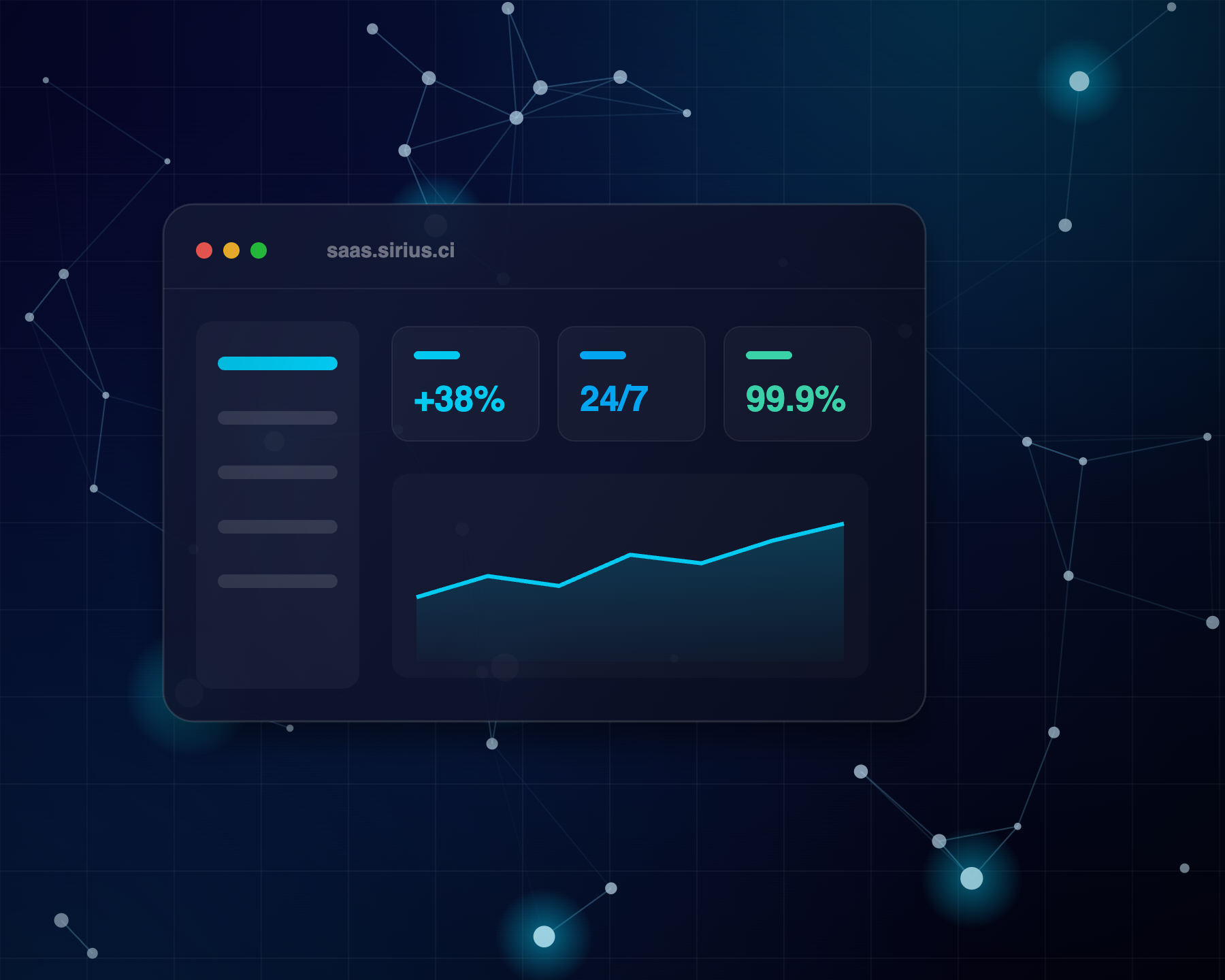 Tableau de bord d'une application SIRIUS Technologies avec indicateurs et courbe de croissance, sur fond de réseau neuronal
